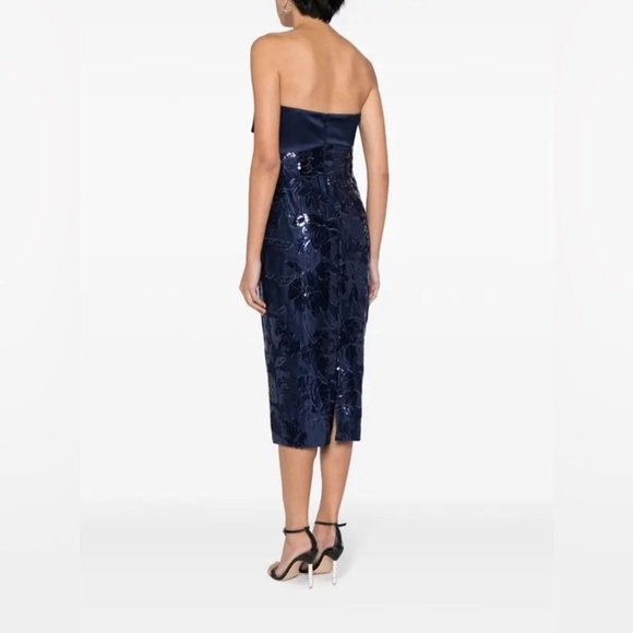 Marchesa Notte Lotus Sequin Midi Dress Size 2 Navy Formal Elegant Party Evening - Picture 2 of 16